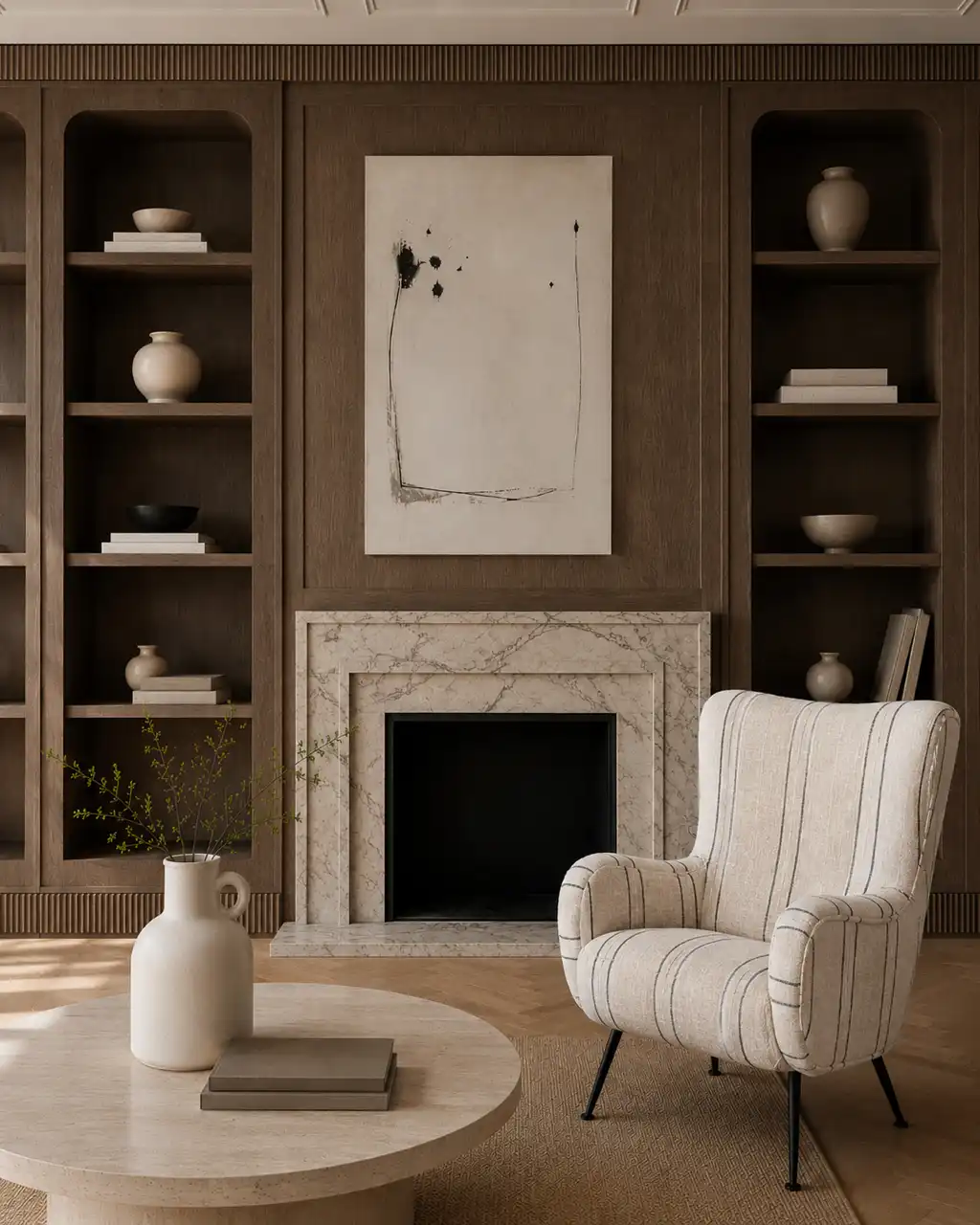 Rincón de salón con chimenea y butaca en un proyecto de interiorismo